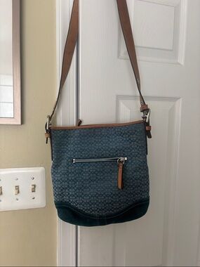 Coach Blue Signature Crossbody with Brown Leather Trim
